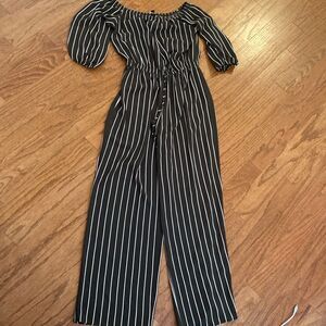 Haute Monde size large, dark green jumpsuit with white stripes